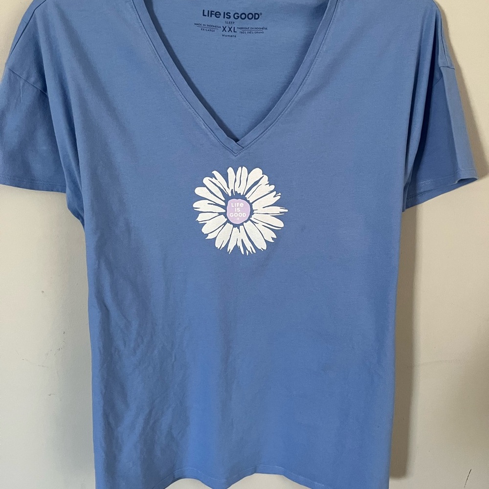 Life is Good Blue V-Neck T-Shirt with White Flower